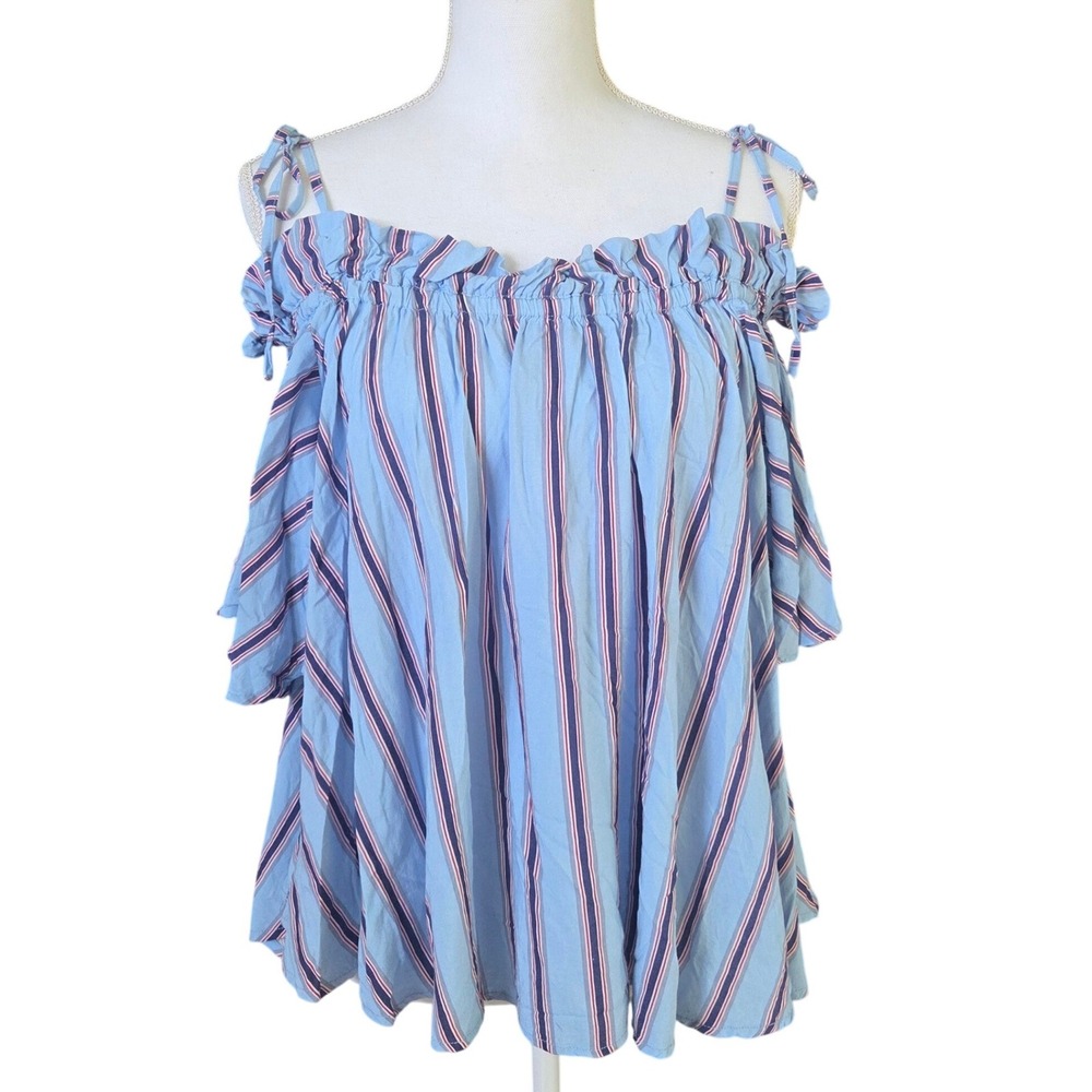 V Cristina Blue Striped Ruffle Top S Euro Summer Coastal Grandma Coquette Blouse